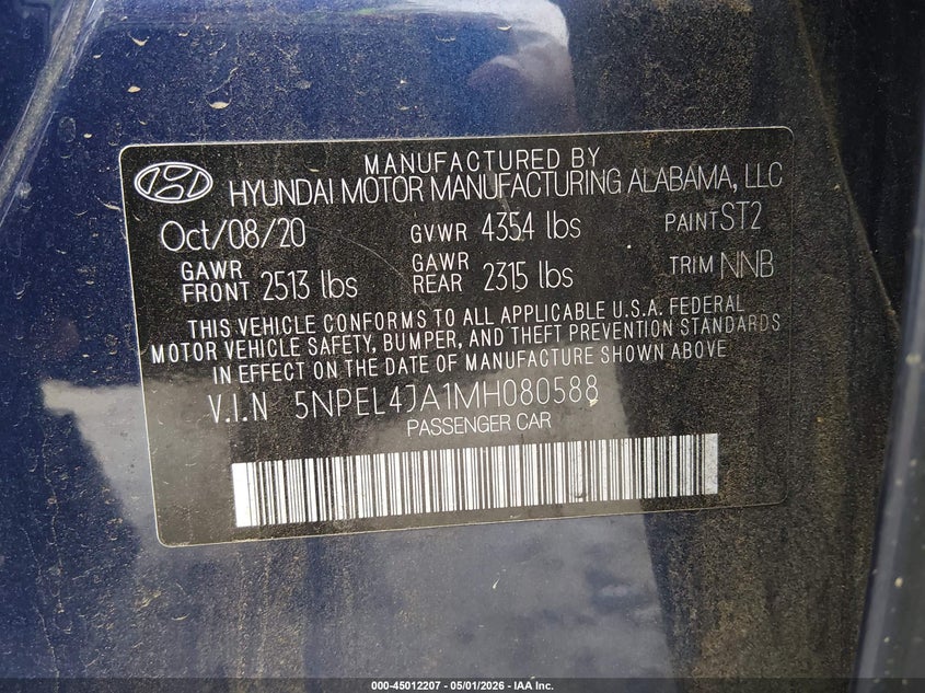 VIN 5NPEL4JA1MH080588 2021 HYUNDAI SONATA SEL