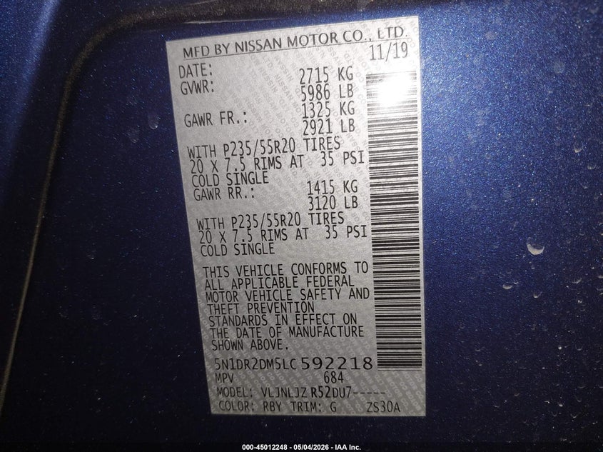 VIN 5N1DR2DM5LC592218 2020 NISSAN PATHFINDER PLATINUM 4WD