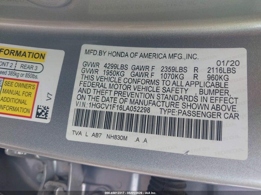 VIN 1HGCV1F16LA052298 2020 HONDA ACCORD LX