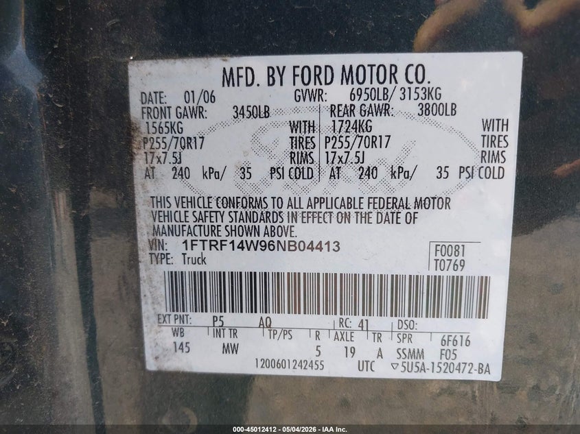 2006 Ford F-150 4.6 Stx/xl/xlt Green Lot 111045012412 Vin 1FTRF14W96NB04413