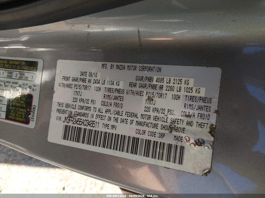 2010 Mazda Cx-7 I Sport VIN: JM3ER2W55A0348511 Lot: 45012436