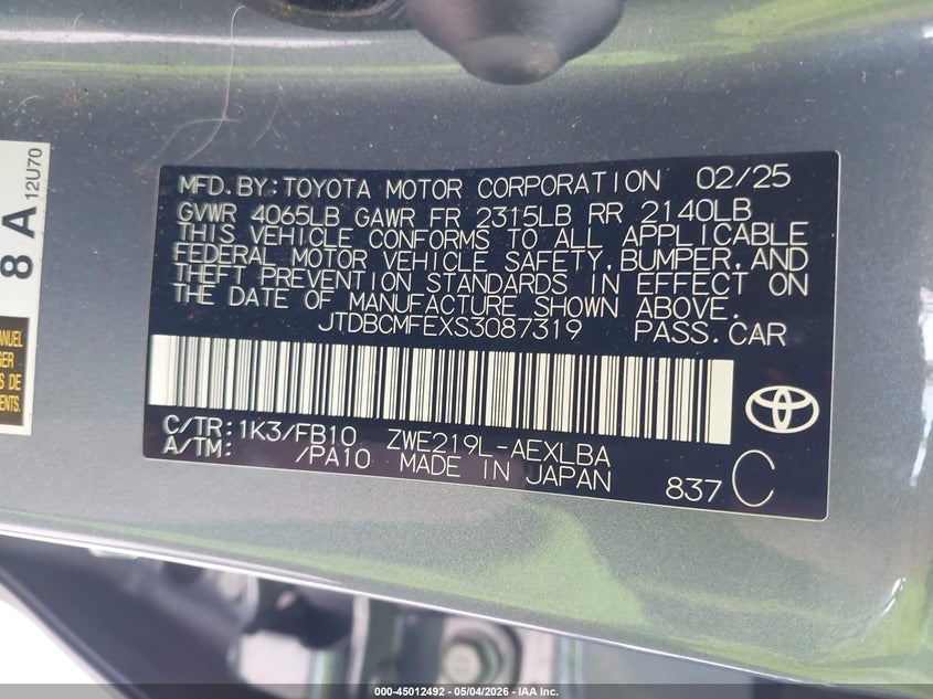 2025 TOYOTA COROLLA SEDAN 1.8L I-4 DOHC, VVT, 96HP