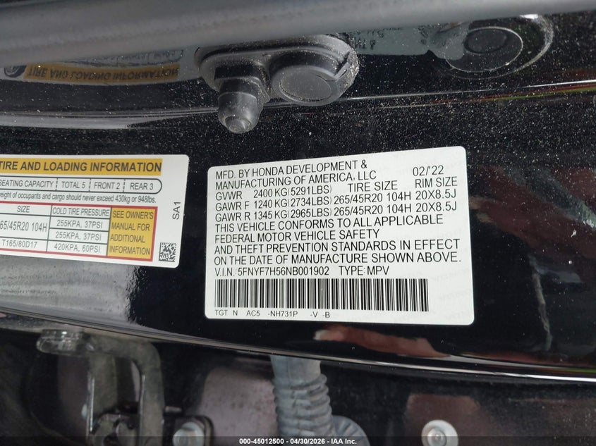 2022 Honda Passport 2Wd Ex-L VIN: 5FNYF7H56NB001902 Lot: 45012500