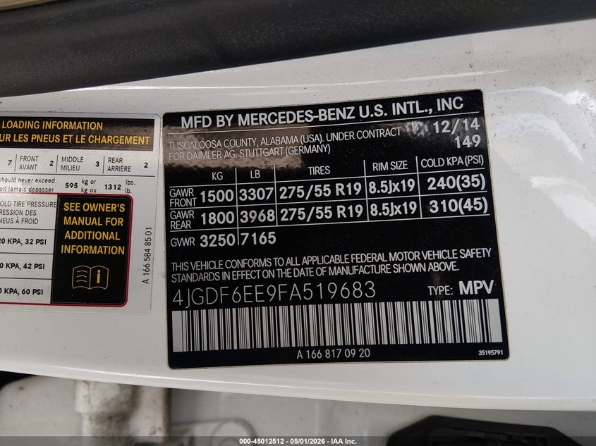 2015 Mercedes-Benz Gl 450 4Matic VIN: 4JGDF6EE9FA519683 Lot: 45012512