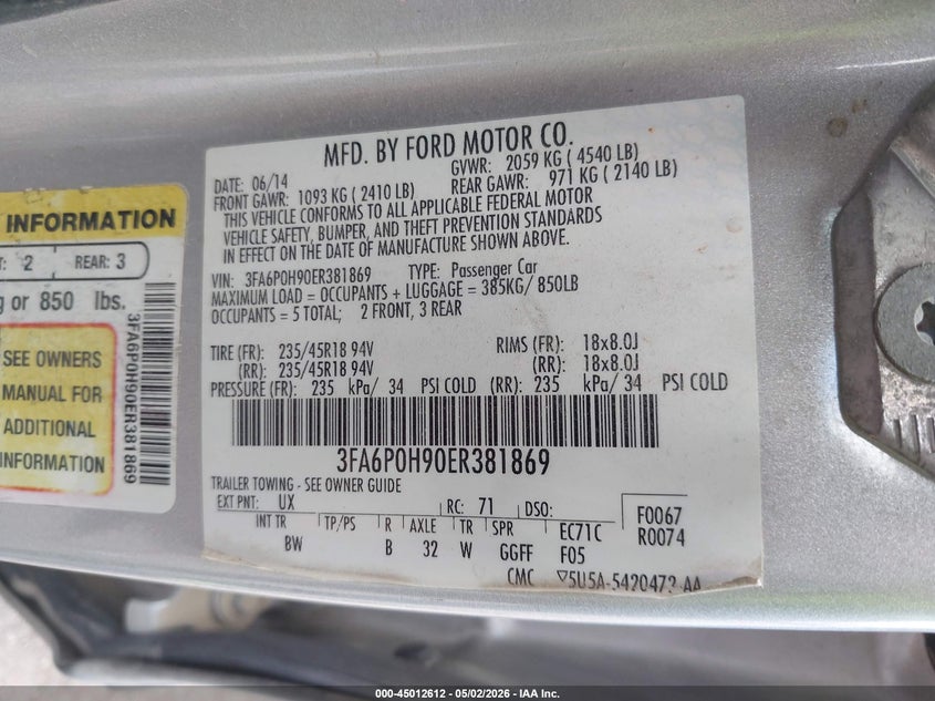 2014 FORD FUSION SEDAN 2.0L I-4 DI, DOHC, VVT, TURBO, 231HP