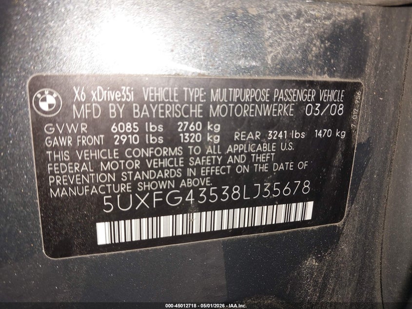 2008 BMW X6 xDrive35I VIN: 5UXFG43538LJ35678 Lot: 45012718