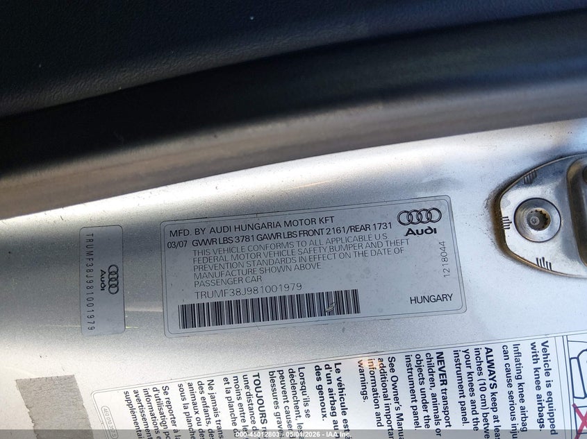 2008 Audi Tt 2.0T VIN: TRUMF38J981001979 Lot: 45012803
