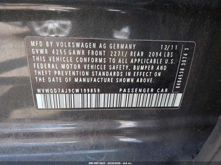 2012 Volkswagen Gti 4-Door VIN: WVWGD7AJ9CW199859 Lot: 45012932