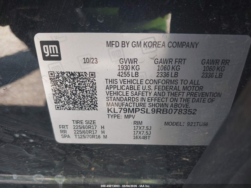 VIN KL79MPSL9RB078352 2024 CHEVROLET TRAILBLAZER FWD LT