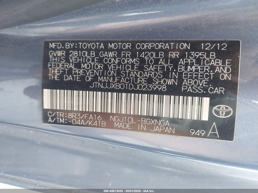 2013 Scion Iq VIN: JTNJJXB01DJ023998 Lot: 45013030