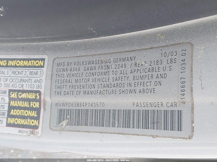 2004 Volkswagen Passat Gls VIN: WVWPD63B84P143570 Lot: 45013074