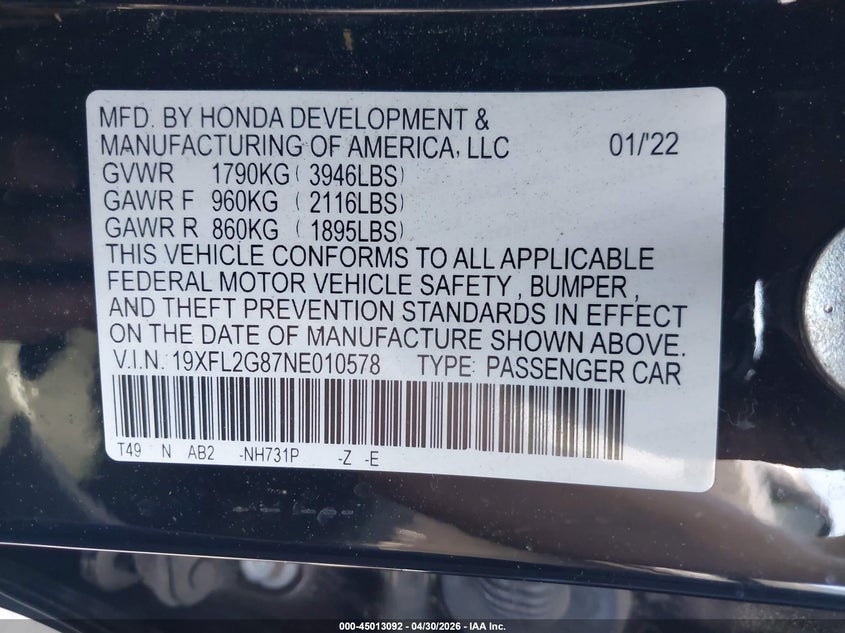 VIN 19XFL2G87NE010578 2022 HONDA CIVIC SPORT