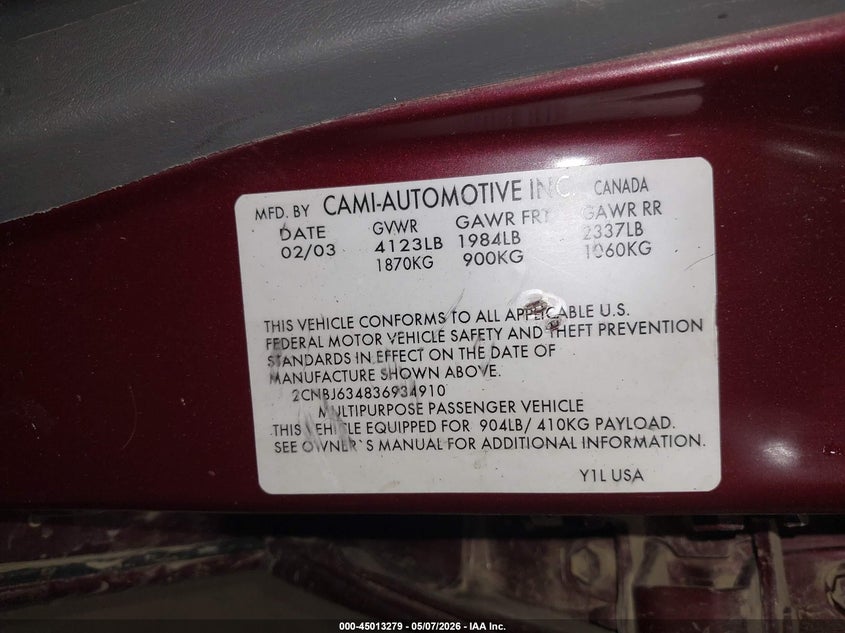 2003 Chevrolet Tracker Hard Top Lt VIN: 2CNBJ634836934910 Lot: 45013279