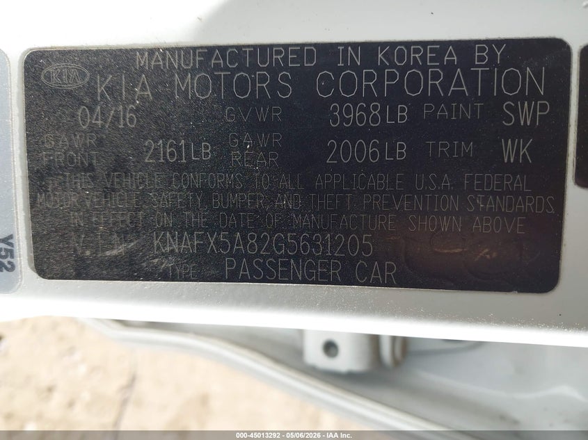 2016 KIA FORTE HATCHBACK 2.0L I-4 DI, DOHC, VVT, 173HP