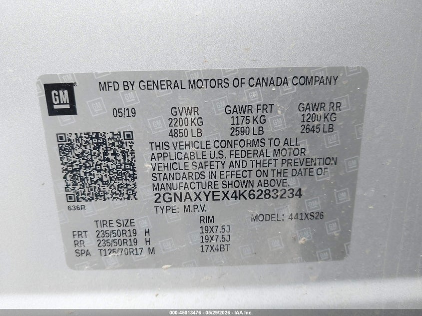 VIN 2GNAXYEX4K6283234 2019 CHEVROLET EQUINOX PREMIER