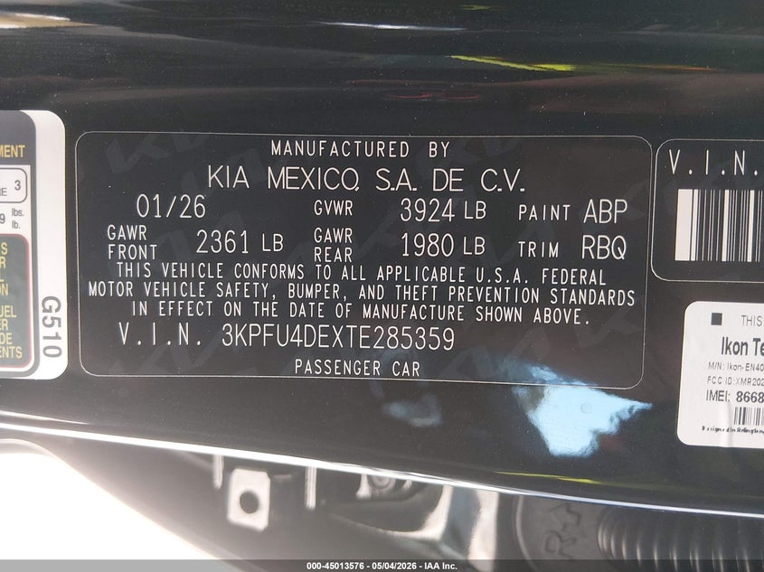 VIN 3KPFU4DEXTE285359 2026 KIA K4 EX