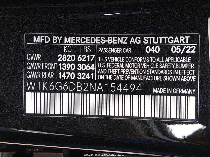 2022 Mercedes-Benz S 500 4Matic VIN: W1K6G6DB2NA154494 Lot: 45013633