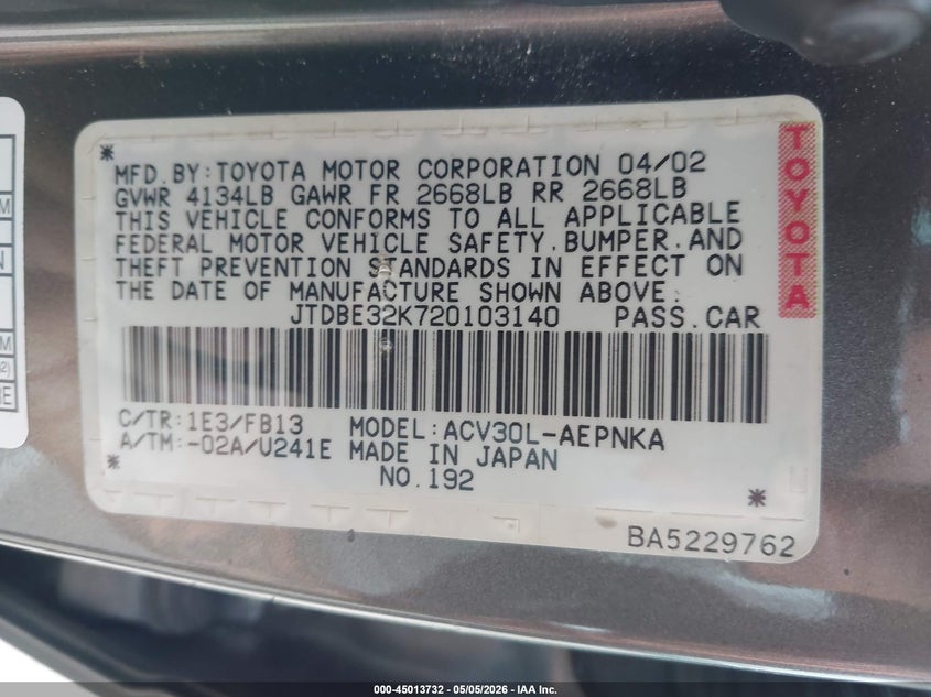 2002 TOYOTA CAMRY SEDAN 2.4L I-4 DOHC, VVT, 157HP