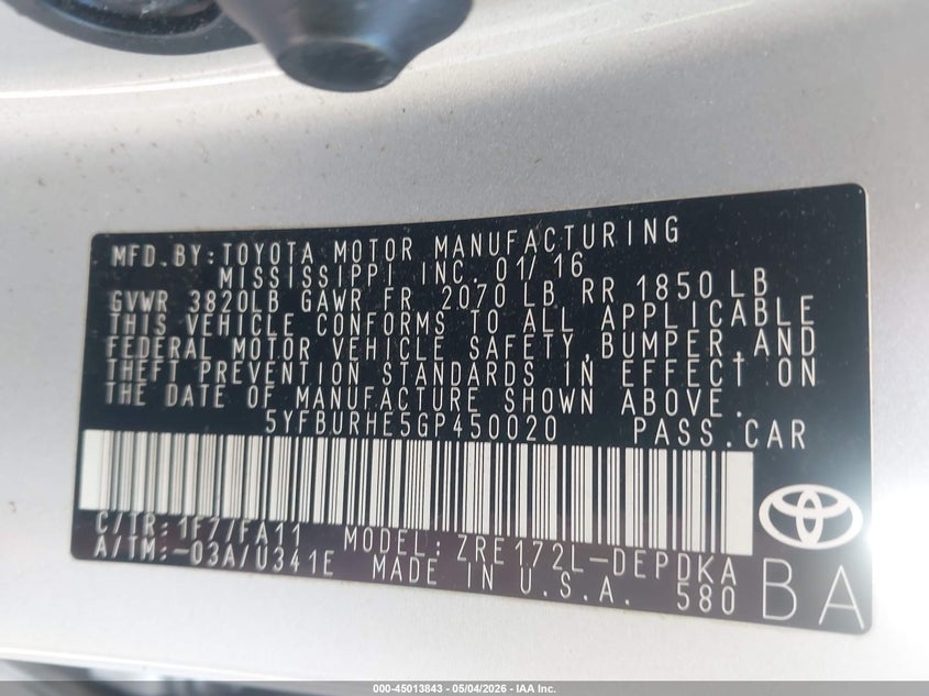 2016 TOYOTA COROLLA SEDAN 1.8L I-4 DOHC, VVT, 132HP