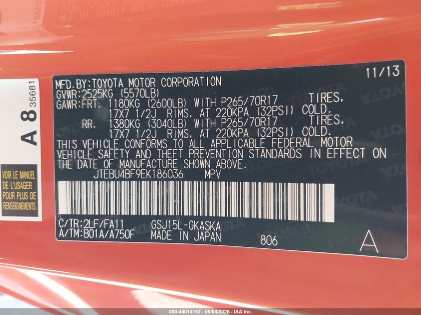 2014 Toyota Fj Cruiser VIN: JTEBU4BF9EK186036 Lot: 45014162