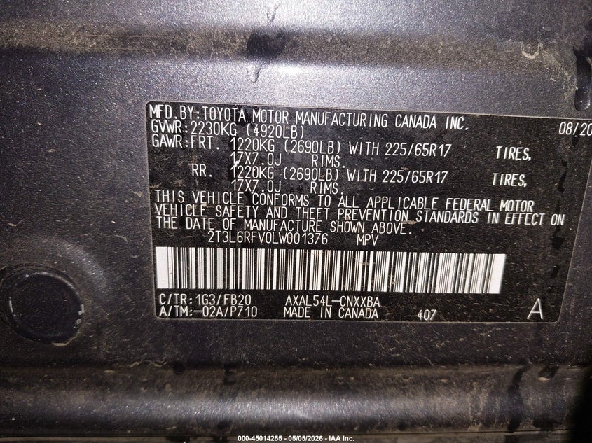VIN 2T3L6RFV0LW001376 2020 TOYOTA RAV4 HYBRID LE
