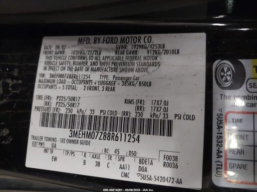 2008 Mercury Milan I4 VIN: 3MEHM07Z88R611254 Lot: 45014261