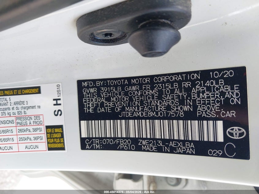 2021 TOYOTA COROLLA SEDAN 1.8L I-4 DOHC, VVT, 96HP