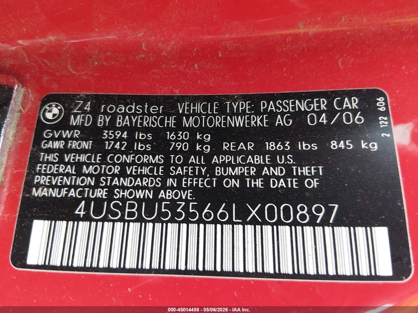 2006 BMW Z4 3.0Si VIN: 4USBU53566LX00897 Lot: 45014458