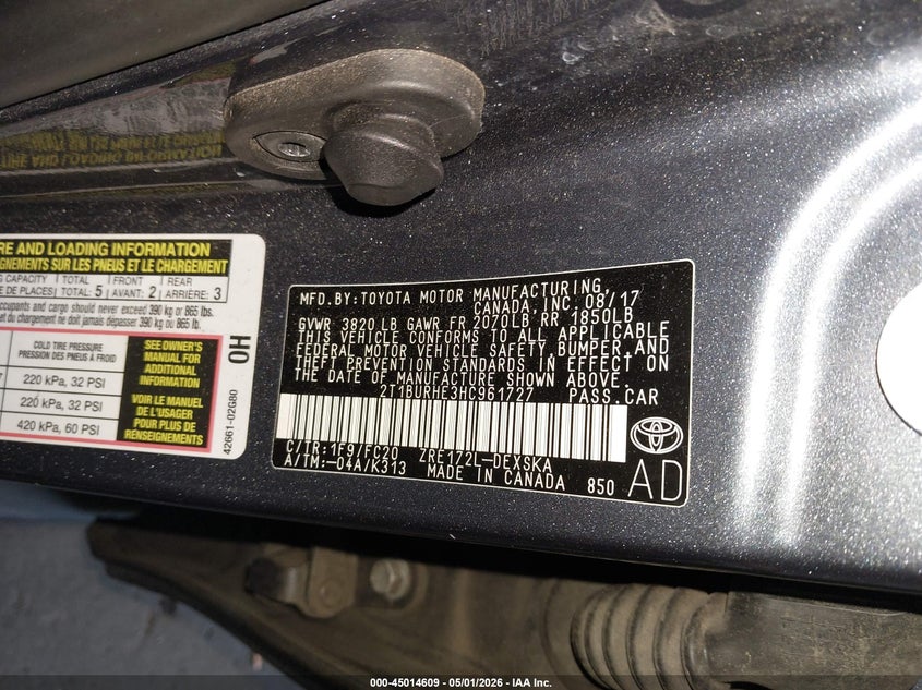 VIN 2T1BURHE3HC961727 2017 TOYOTA COROLLA SE