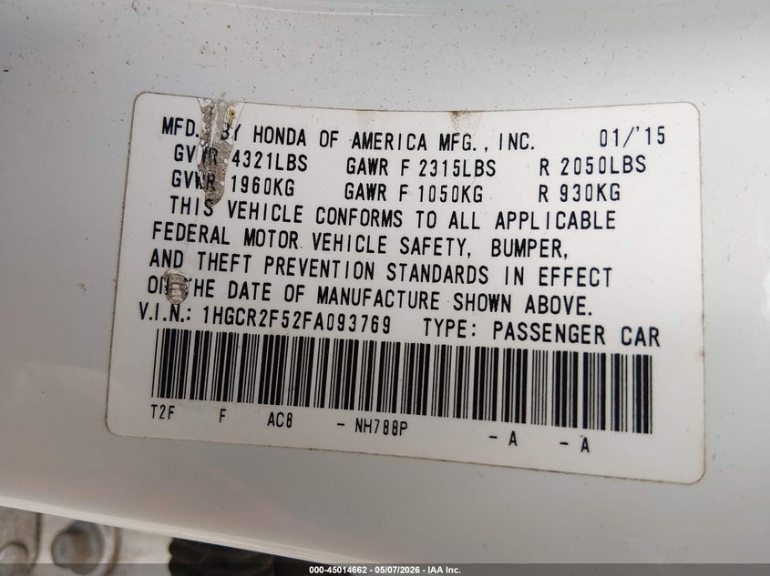 2015 HONDA ACCORD SEDAN 2.4L I-4 DI, DOHC, VVT, 189HP
