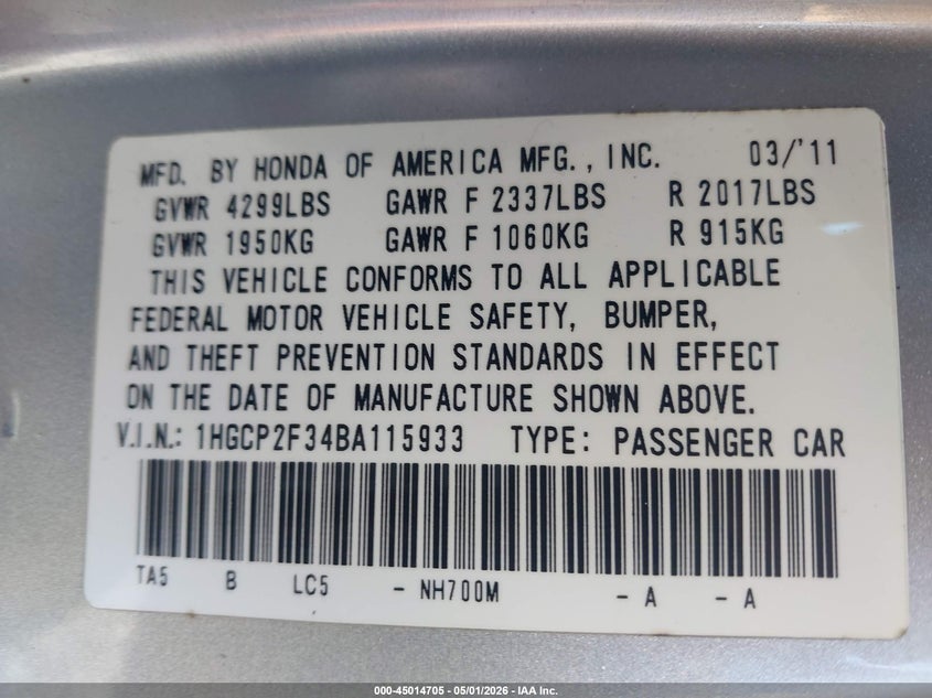 HONDA ACCORD 2011 VIN 1HGCP2F34BA115933