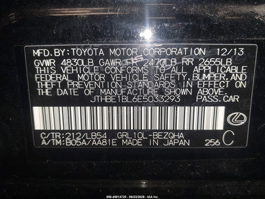 2014 Lexus Gs 350 VIN: JTHBE1BL6E5033293 Lot: 45014725