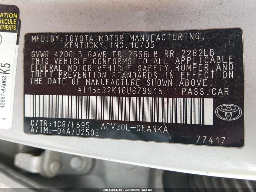2006 Toyota Camry Std VIN: 4T1BE32K16U679915 Lot: 45014740