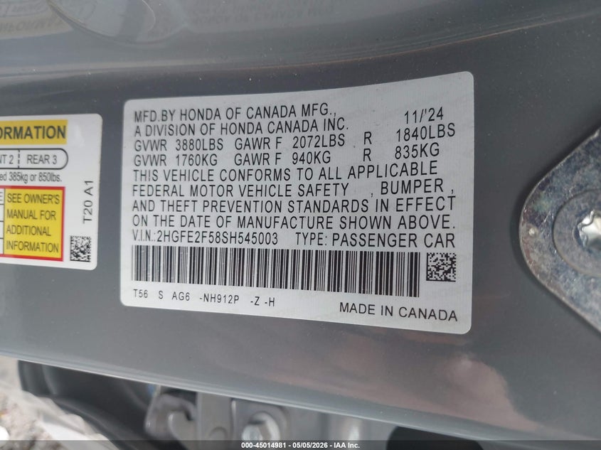 2025 HONDA CIVIC SEDAN 2.0L I-4 DI, DOHC, VVT, 150HP