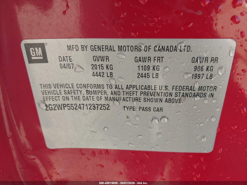 2007 Pontiac Grand Prix VIN: 2G2WP552471237252 Lot: 45015005
