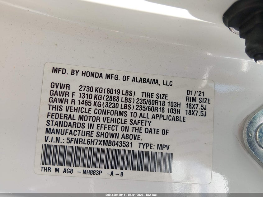 VIN 5FNRL6H7XMB043531 2021 HONDA ODYSSEY EX-L