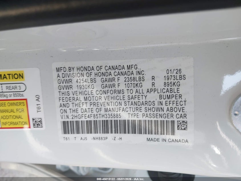 VIN 2HGFE4F85TH335885 2026 HONDA CIVIC HYBRID SPORT/SPORT TOURING