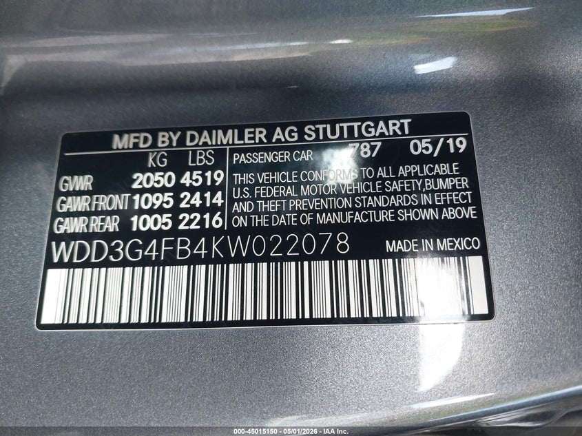 2019 Mercedes-Benz A 220 4Matic VIN: WDD3G4FB4KW022078 Lot: 45015150