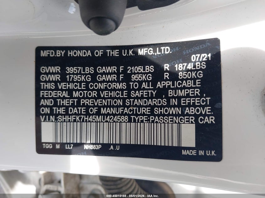 VIN SHHFK7H45MU424588 2021 HONDA CIVIC SPORT