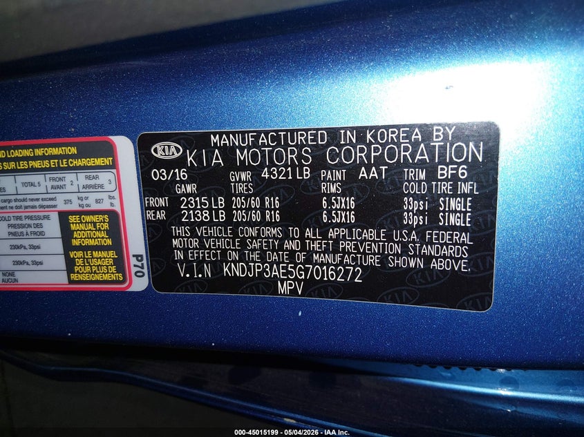 2016 Kia Soul Ev VIN: KNDJP3AE5G7016272 Lot: 45015199