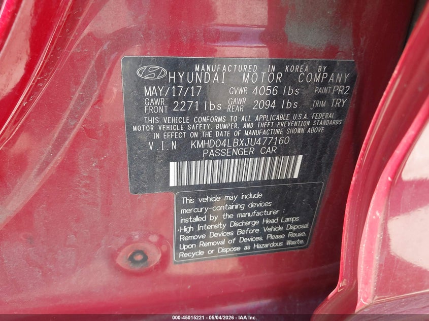 VIN KMHD04LBXJU477160 2018 HYUNDAI ELANTRA SPORT