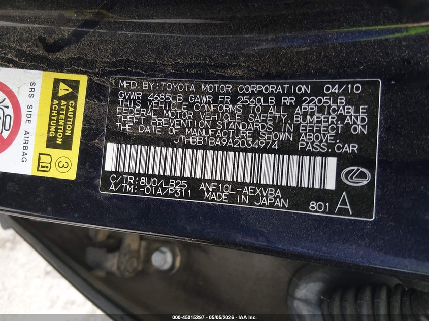 2010 Lexus Hs 250H VIN: JTHBB1BA9A2034974 Lot: 45015297