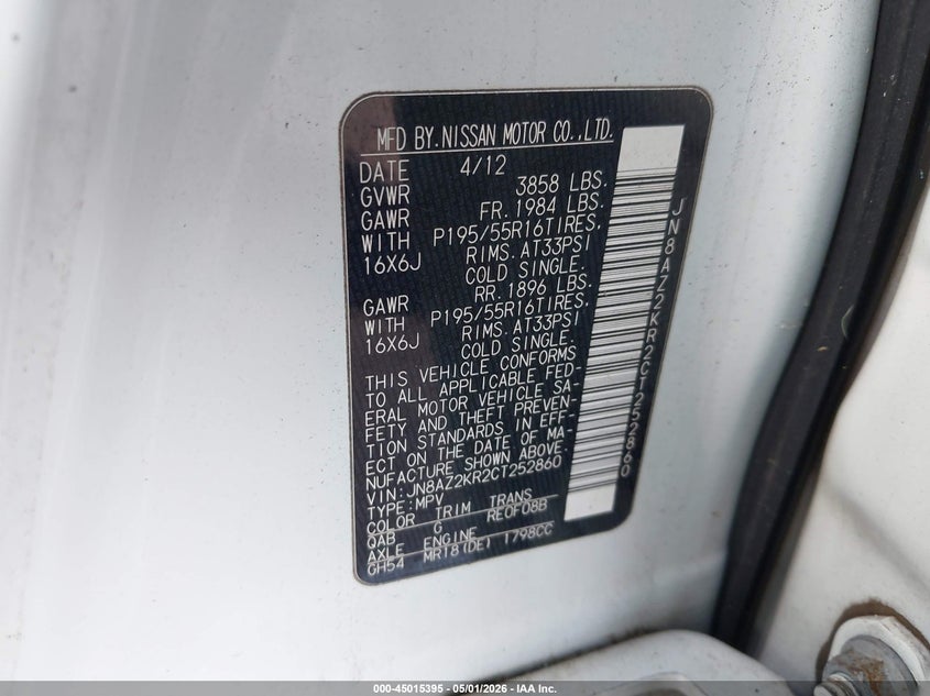 2012 Nissan Cube 1.8 Sl VIN: JN8AZ2KR2CT252860 Lot: 45015395