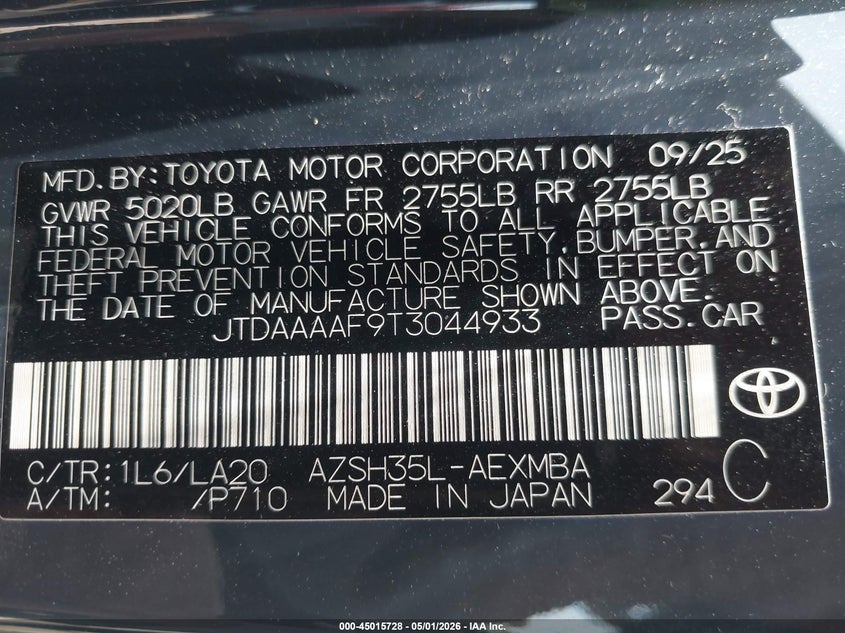 2026 Toyota Crown Xle VIN: JTDAAAAF9T3044933 Lot: 45015728