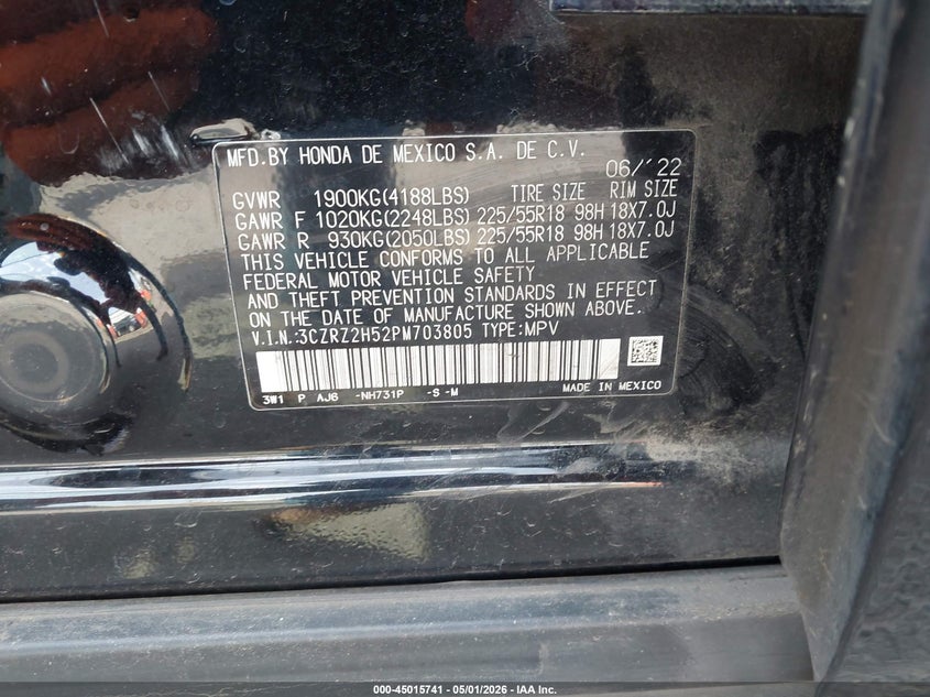VIN 3CZRZ2H52PM703805 2023 HONDA HR-V AWD SPORT