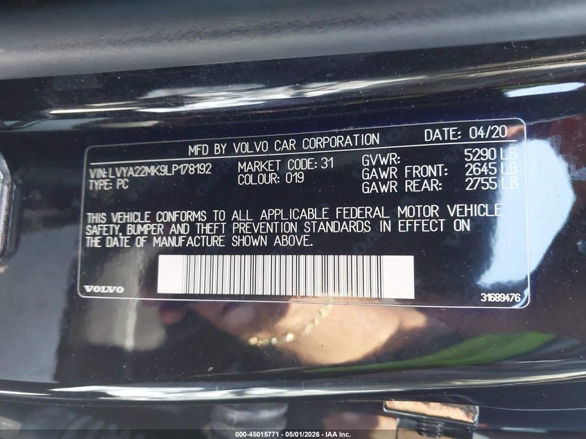 2020 Volvo S90 T6 Momentum VIN: LVYA22MK9LP178192 Lot: 45015771