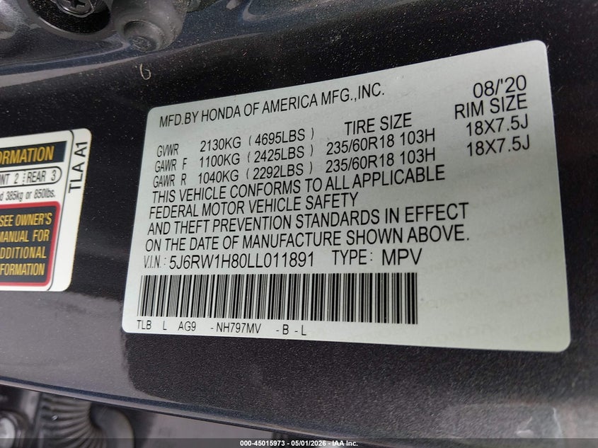 VIN 5J6RW1H80LL011891 2020 HONDA CR-V 2WD EX-L