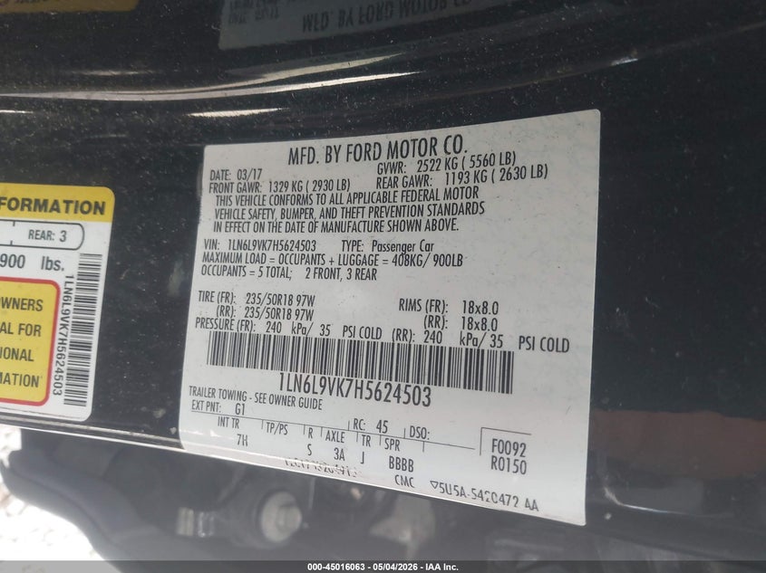 2017 Lincoln Continental Premiere VIN: 1LN6L9VK7H5624503 Lot: 45016063