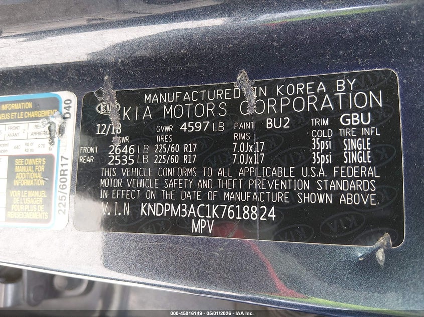 VIN KNDPM3AC1K7618824 2019 KIA SPORTAGE LX
