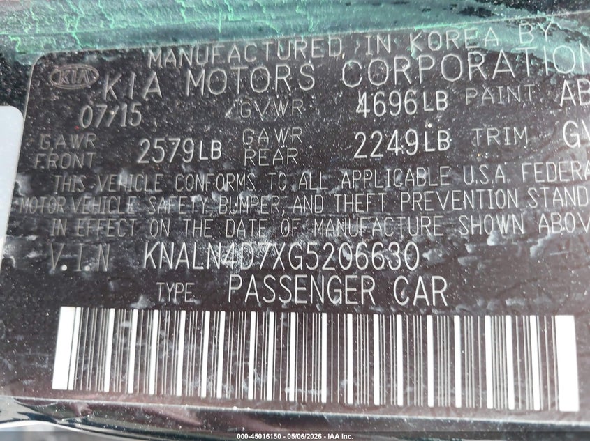 2016 Kia Cadenza Premium VIN: KNALN4D7XG5206630 Lot: 45016150